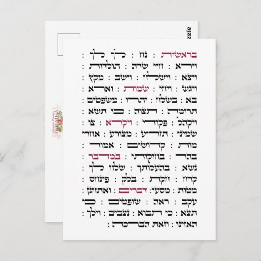 Carte Postale Torah Parshiot Parshas Lectures hebdomadaires en h (Devant / Derrière)