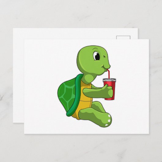 Carte Postale Tortue avec tasse à boire avec paille (Devant / Derrière)