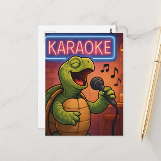 Carte Postale Tortue chanteuse Karaoke (Devant/Arrière en situation)