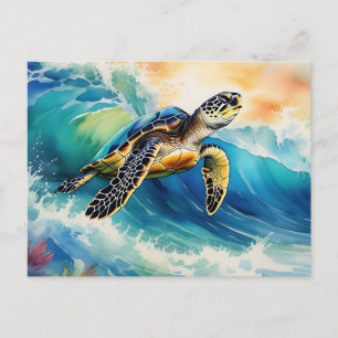 Carte Postale Tortue de mer à cheval une vague vibrante aquarell
