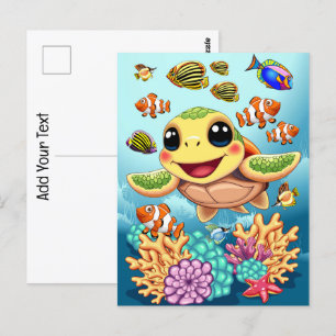 Carte Postale Tortue de mer Bébé heureux et mignonne personnage