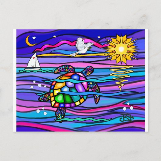 Carte Postale Tortue de mer (bleu/rose) (Devant)