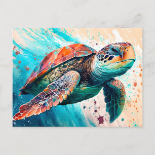 Carte Postale Tortue de mer colorée mignonne nageant
