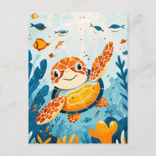 Carte Postale Tortue de mer dessin animé nage dans la forêt de k