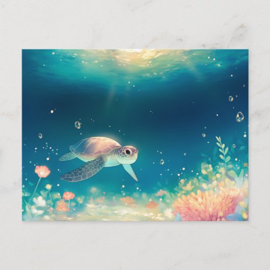 Carte Postale Tortue de mer fantaisiste dans un océan lumineux (Devant)