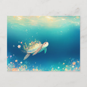 Carte Postale Tortue de mer fantaisiste et floraison fleurie
