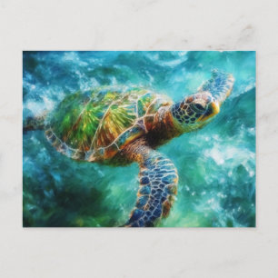 Carte Postale Tortue de mer nageant à l'aquarelle