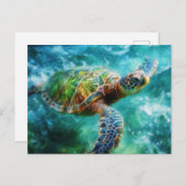 Carte Postale Tortue de mer nageant à l'aquarelle (Devant / Derrière)