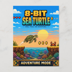 Carte Postale Tortue de mer, pixel art rétro 8 bits