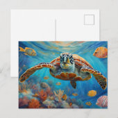 Carte Postale Tortue de mer, poissons tropicaux nageant dans l'o (Devant / Derrière)