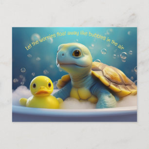 Carte Postale Tortue et canard en caoutchouc dans le bain Texte