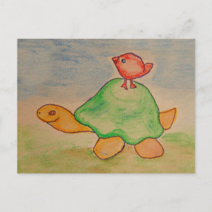 Carte Postale Tortue et oiseau en promenade