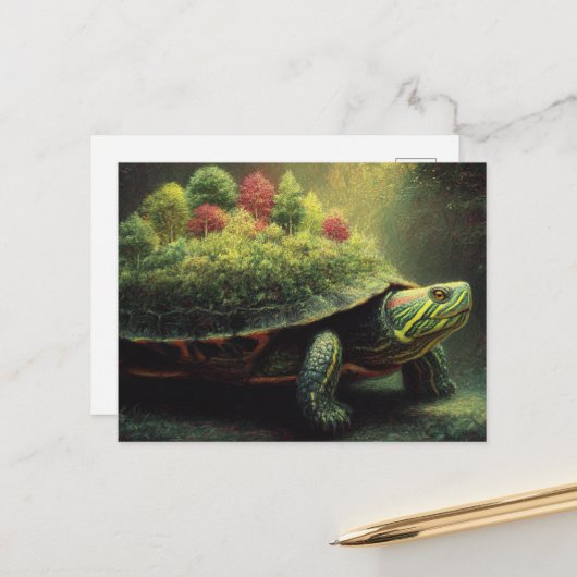 Carte Postale Tortue rouge à oreille avec une forêt en coquille (Devant/Arrière en situation)