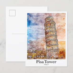 Carte Postale Tour de Pise Italie Voyage Aquarelle main tirée