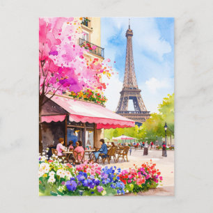 Carte Postale Tour Eiffel & Café Rétro à l'aquarelle Paris