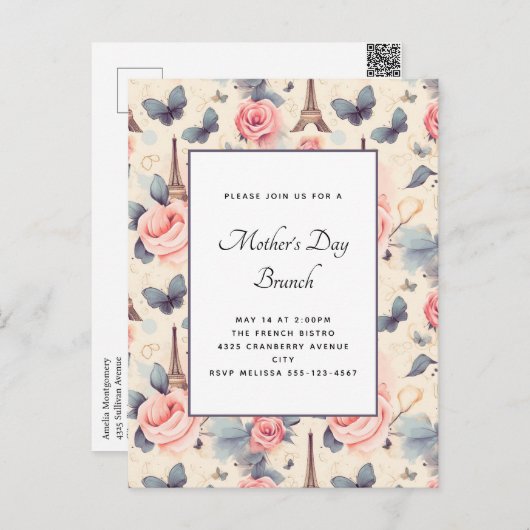 Carte Postale Tour Eiffel Papillon et fête des mères Roses (Devant / Derrière)