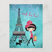 Carte Postale Tour Eiffel Paris Fille et chat Bleu Damas (Devant)