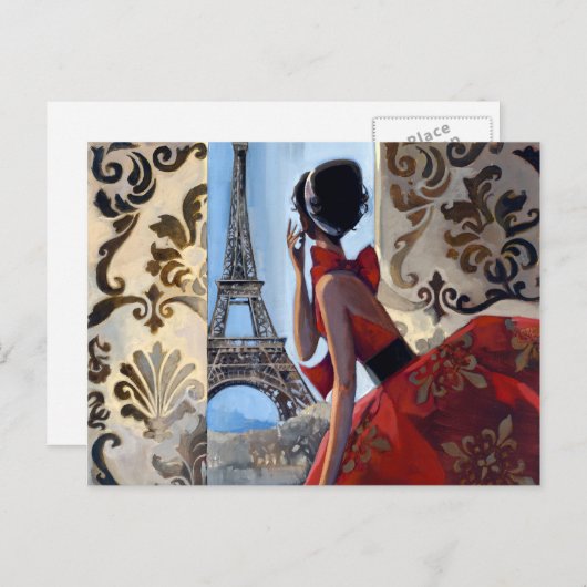Carte Postale Tour Eiffel, Robe Rouge, Allons-y (Devant / Derrière)