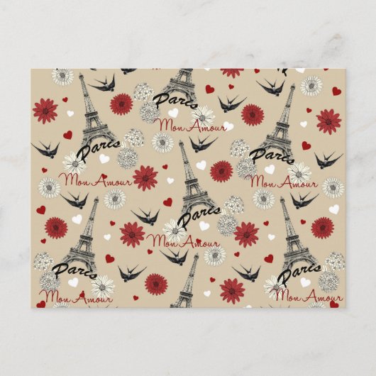 Carte Postale Tour Eiffel romantique, coeurs, fleurs (Devant)
