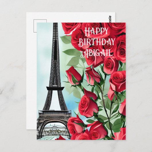 Carte Postale Tour Eiffel Romantique Roses Rouges Joyeux Anniver (Devant / Derrière)