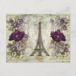 Carte Postale Tour Eiffel vintage Paris France avec Fleurs