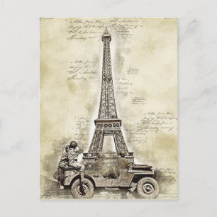 Carte Postale Tour Eiffel vintage Paris France avec militaire
