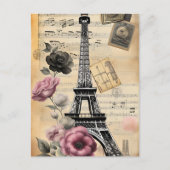 Carte Postale Tour Eiffel vintage Sepia & Fleurs roses (Devant)