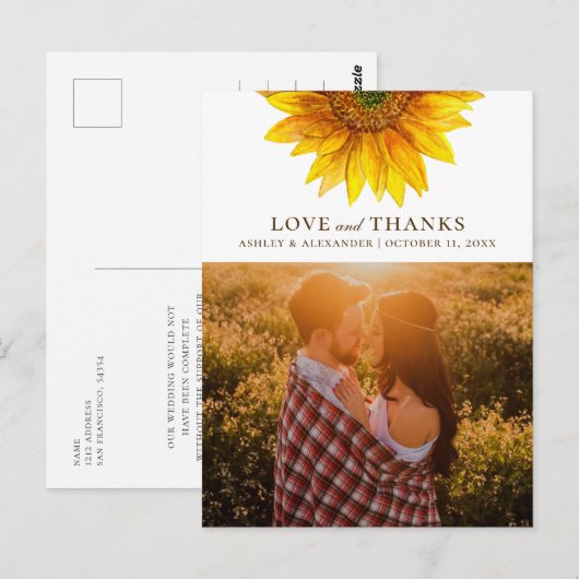 Carte Postale Tournesol aquarelle. Mariage rustique merci (Devant / Derrière)