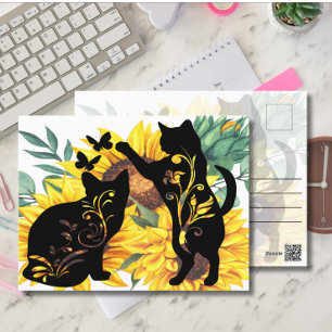 Carte Postale Tournesol Chats Noirs Aquarelle Florale