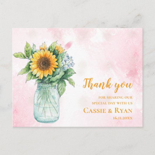 Carte Postale Tournesol rustique Mason Jar Mariage Merci (Devant)