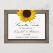 Carte Postale Tournesol Rustique Sur Burlap Enregistrer La Date (Devant)