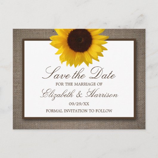 Carte Postale Tournesol Rustique Sur Burlap Enregistrer La Date (Devant)