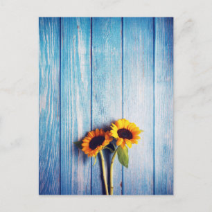 Carte Postale Tournesol sur mur en bois bleu