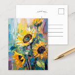 Carte Postale Tournesols Peinture Abstraite Florale moderne<br><div class="desc">Un tableau moderne abstrait impressioniste de style dynamique de tournesols. L'oeuvre est composée de touches texturées dans les tons jaunes, bleus et verts. Le brossage dynamique et les couleurs vives créent un sens du mouvement, capturant la beauté et l'énergie des tournesols dans un style frais et contemporain. Les textures riches...</div>