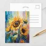 Carte Postale Tournesols Peinture Abstraite Florale moderne<br><div class="desc">Un tableau moderne abstrait impressioniste de style dynamique de tournesols. L'oeuvre est composée de touches texturées dans les tons jaunes, bleus et verts. Le brossage dynamique et les couleurs vives créent un sens du mouvement, capturant la beauté et l'énergie des tournesols dans un style frais et contemporain. Les textures riches...</div>