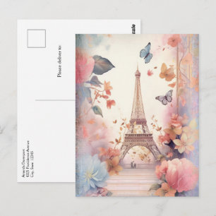 Carte Postale Tournure papillons et fleurs de la Tour Eiffel