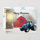 Carte Postale Tracteur bleu moderne à Barnyard Noël (Devant / Derrière)