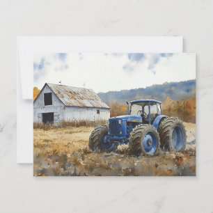 Carte Postale Tracteur bleu rustique Aquarelle à grange blanche