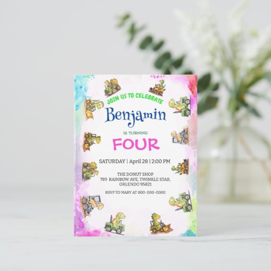 Carte Postale Tracteur de dinosaure mignon Anniversaire de l'éco (Debout devant)