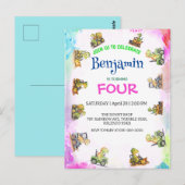 Carte Postale Tracteur de dinosaure mignon Anniversaire de l'éco (Devant / Derrière)