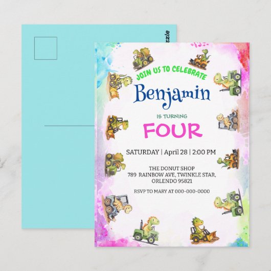 Carte Postale Tracteur de dinosaure mignon Arc-en-ciel Anniversa (Devant / Derrière)