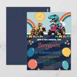 Carte Postale Tracteur de dinosaure mignon Ballon arc-en-ciel Ga