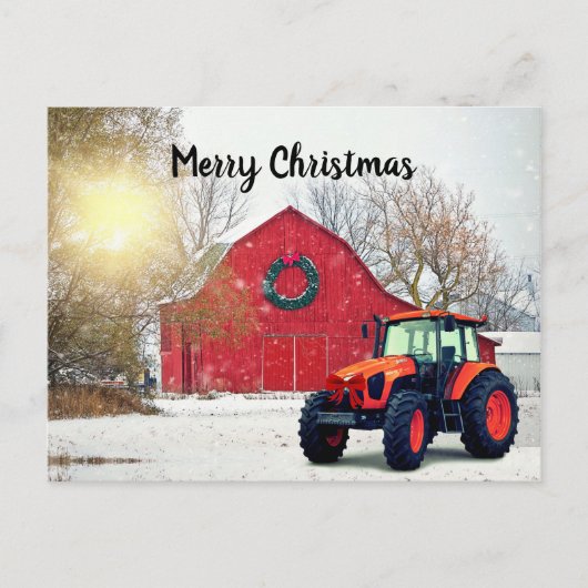 Carte Postale Tracteur orange moderne à Noël Barnyard (Devant)
