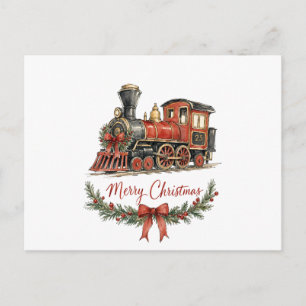 Carte Postale Train de Noël à l'aquarelle avec couronne