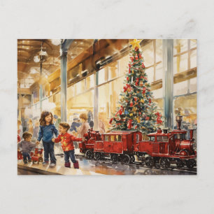Carte Postale Train de Noël à l'aquarelle Mémoire du grand magas