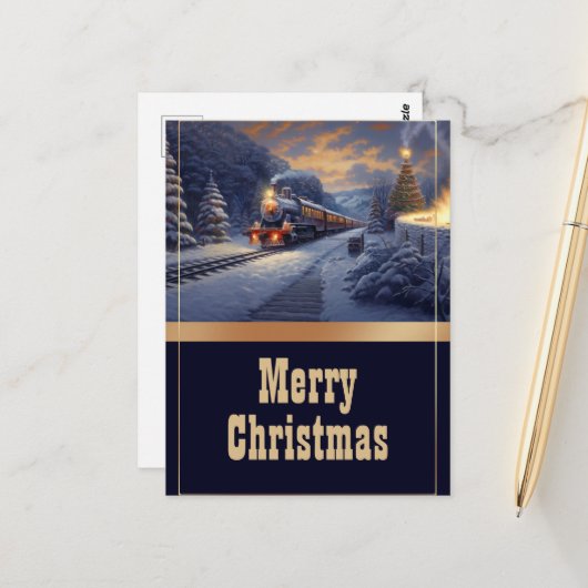 Carte Postale Train de Noël Peinture Vintage (Devant/Arrière en situation)