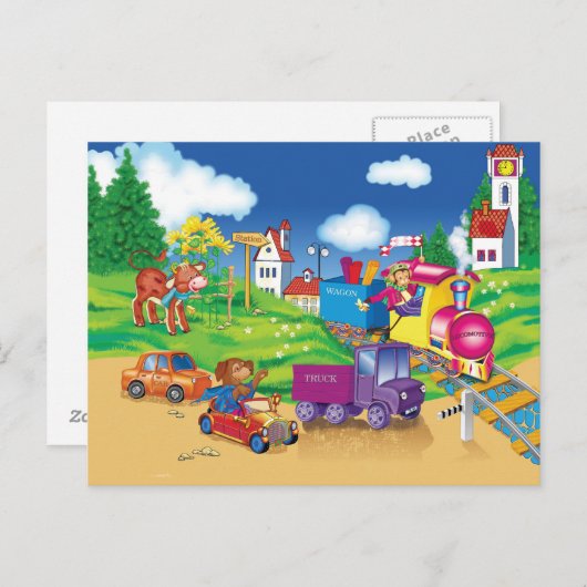 Carte Postale train et voiture (Devant / Derrière)