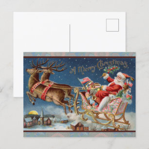 Carte Postale Traîneau du Père Noël avec rennes la veille de Noë