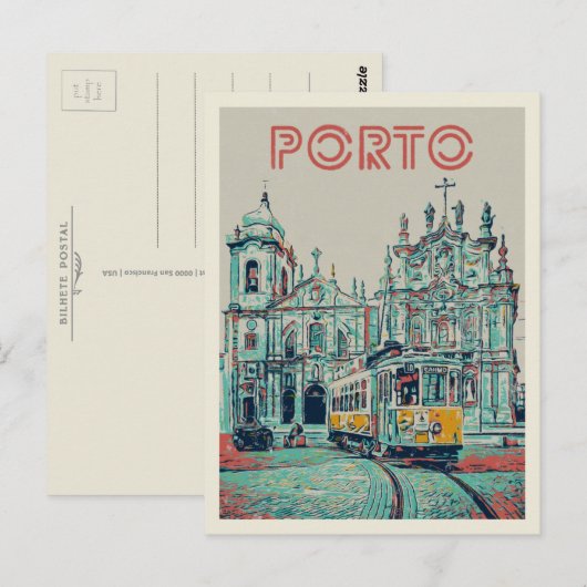 Carte Postale Tramway de Porto et illustration de l'église Portu (Devant / Derrière)