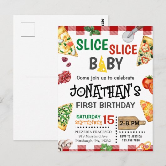 Carte Postale Tranches Tranches Bébé Fête Pizza 1er Anniversaire (Devant / Derrière)